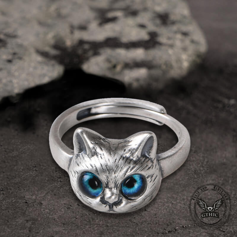 Blue Eye Cat Sterling Silver Open Ring