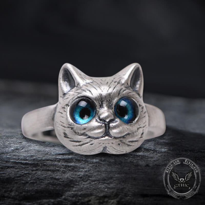 Blue Eye Cat Sterling Silver Open Ring