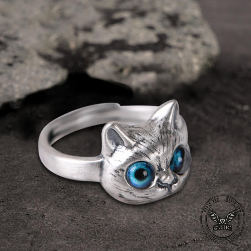 Blue Eye Cat Sterling Silver Open Ring