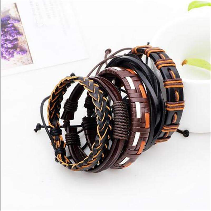 Brown & Black Leather Bracelet in Rock Style & Braided Rope Wristband Set of 5 Pcs