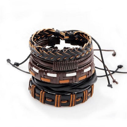 Brown & Black Leather Bracelet in Rock Style & Braided Rope Wristband Set of 5 Pcs