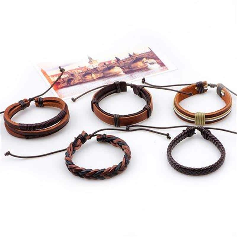 Brown Leather Bracelet in Rock Style / Braided Rope Wristband 5 Pcs Set