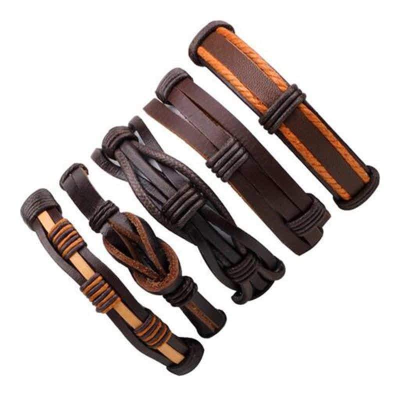 Brown Leather Bracelet in Rock Style & Braided Rope Wristband Set of 5 Pcs