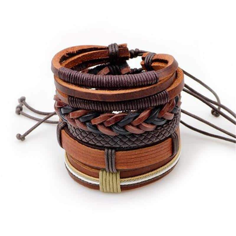 Brown Leather Bracelet in Rock Style / Braided Rope Wristband 5 Pcs Set