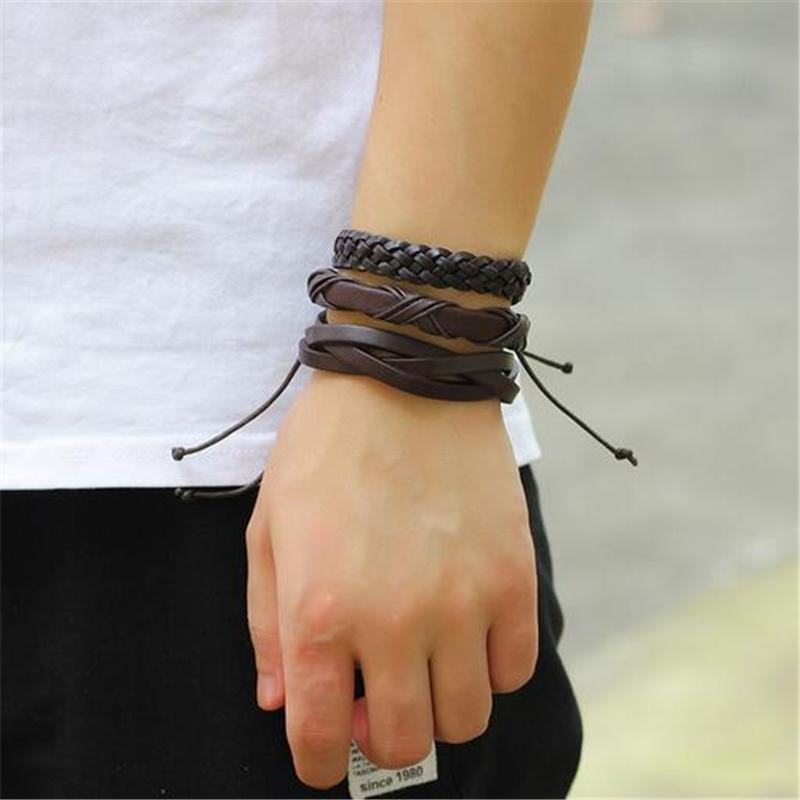 Brown Leather Bracelet in Rock Style & Braided Rope Wristband Set of 6 Pcs