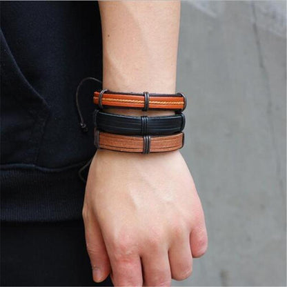 Brown Leather Bracelet in Rock Style & Wristband Set of 5 Pcs