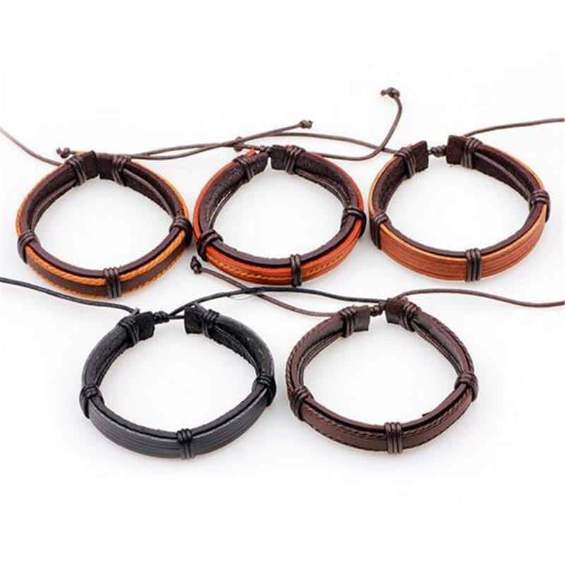 Brown Leather Bracelet in Rock Style & Wristband Set of 5 Pcs