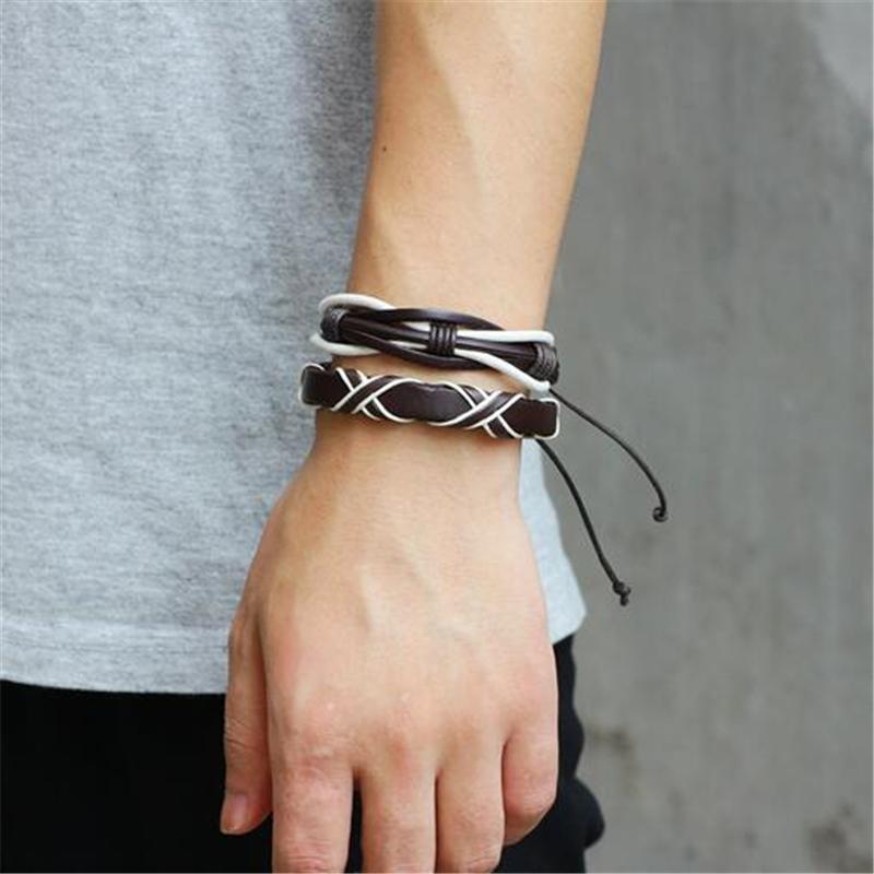 Brown & White Leather Bracelet & Wristband in Rock Style Set of 5 Pcs