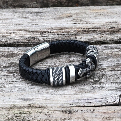 Budded Cross Stainless Steel Braided Leather Bracelet