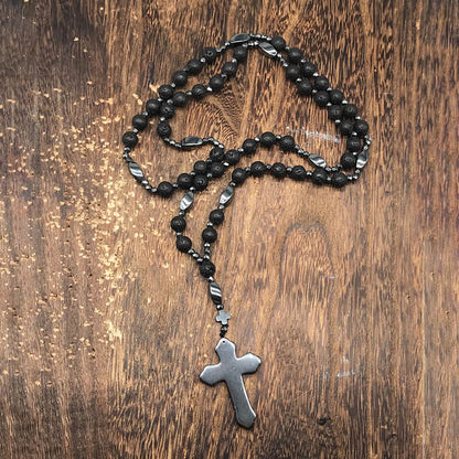 Budded Cross Stone Bead Biker Rosary Necklace