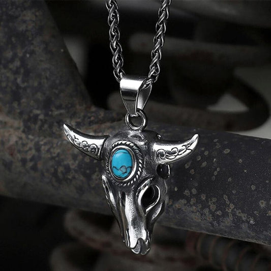 Bull Head Skull Stainless Steel Turquoise Pendant