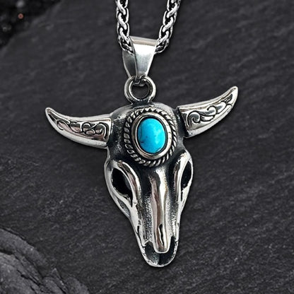 Bull Head Skull Stainless Steel Turquoise Pendant