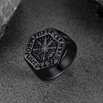 Viking Hexagon Compass Ring With Runes for