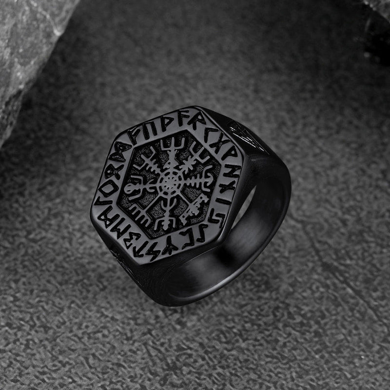 Viking Hexagon Compass Ring With Runes for