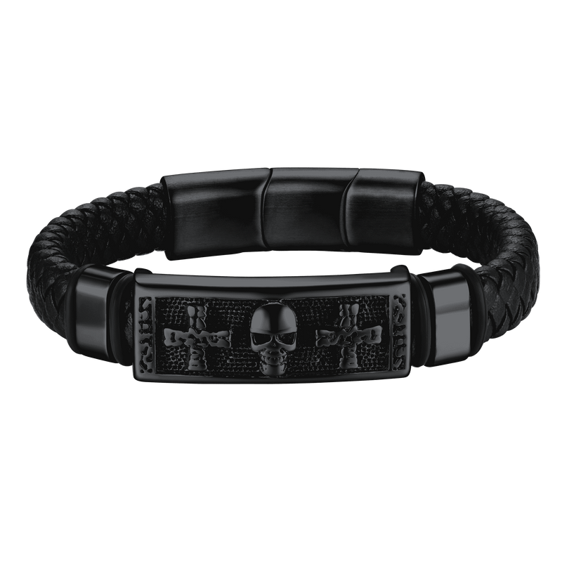 Gothic Black Skull Braided Leather Bracelet for Son Grandson