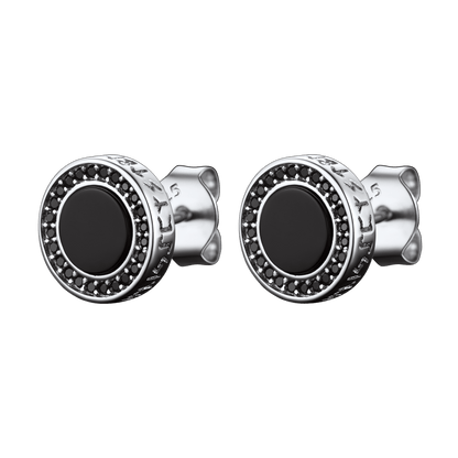 Viking Rune Black Onyx Stud Earrings in Sterling Silver for