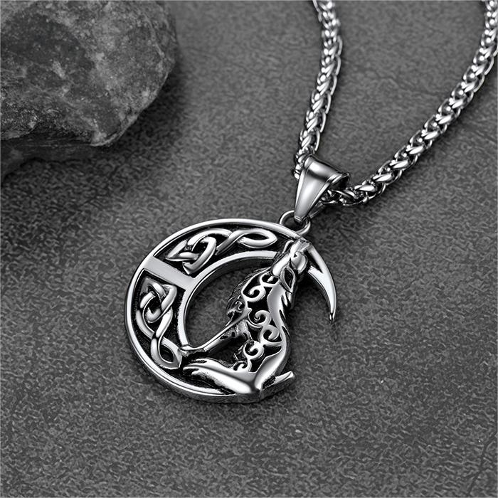 Viking Celtic Crescent Moon Wolf Necklace Pendant for