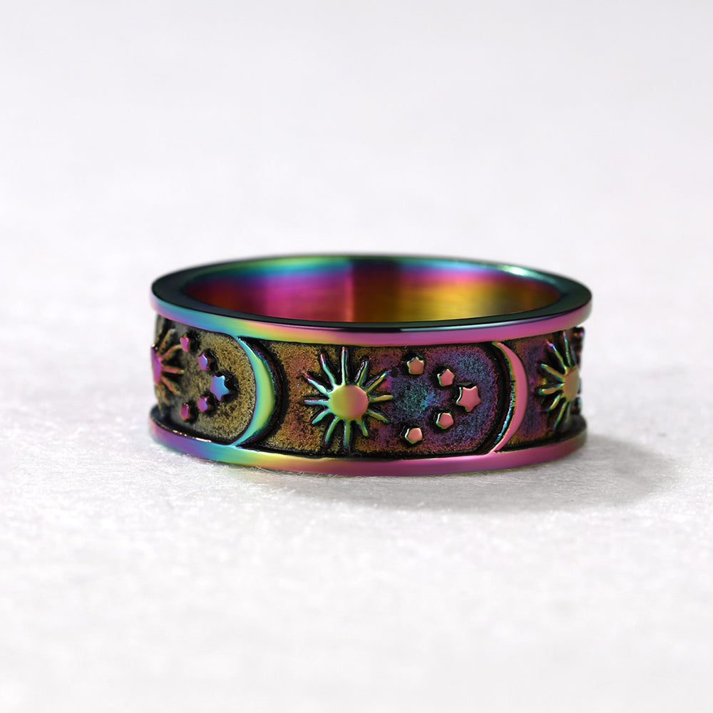 Stainless Steel Sun Moon Star Band Ring for