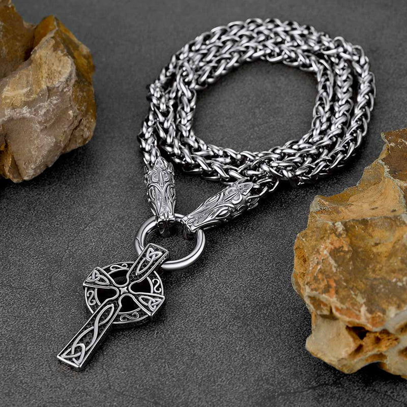 Celtic Knot Cross Necklace With Wolf Rope Chain for