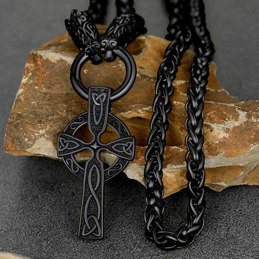 Celtic Knot Cross Necklace With Wolf Rope Chain for