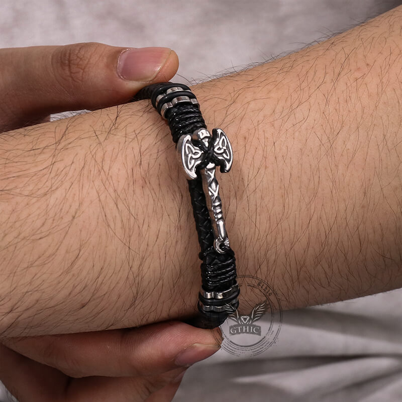 Celtic Knot Axe Stainless Steel Leather Bracelet
