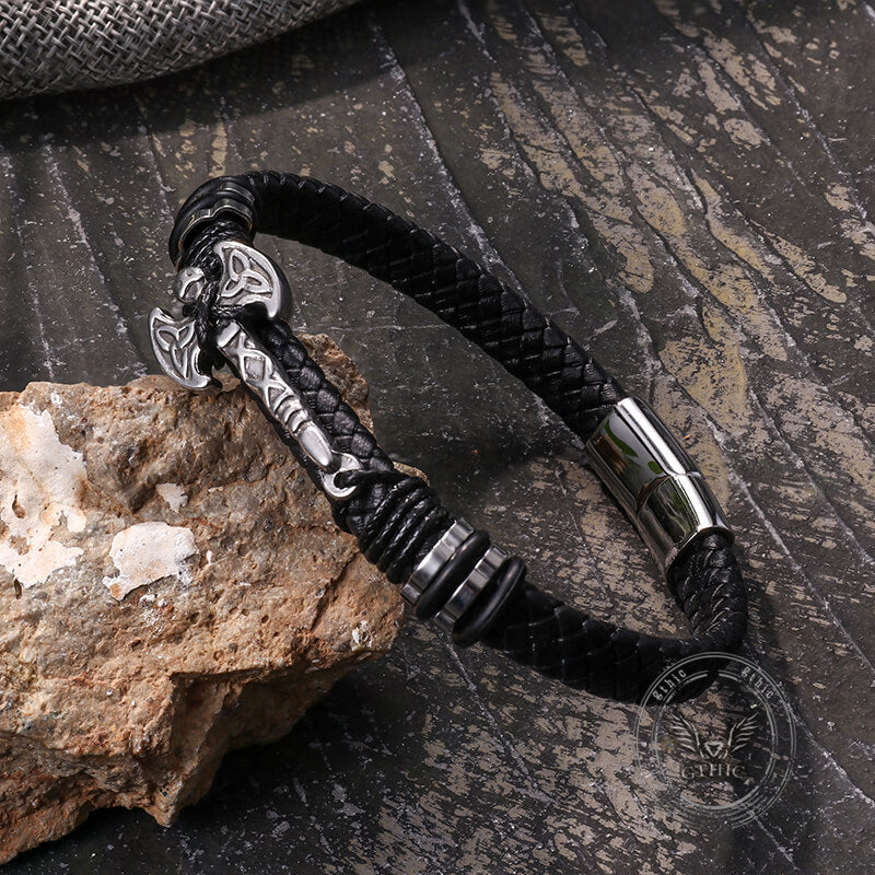 Celtic Knot Axe Stainless Steel Leather Bracelet