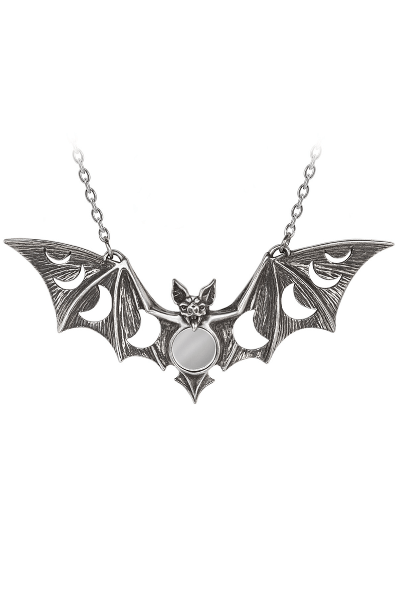 Bat Necklace With Moon Phases and Inlaid Mirror Center