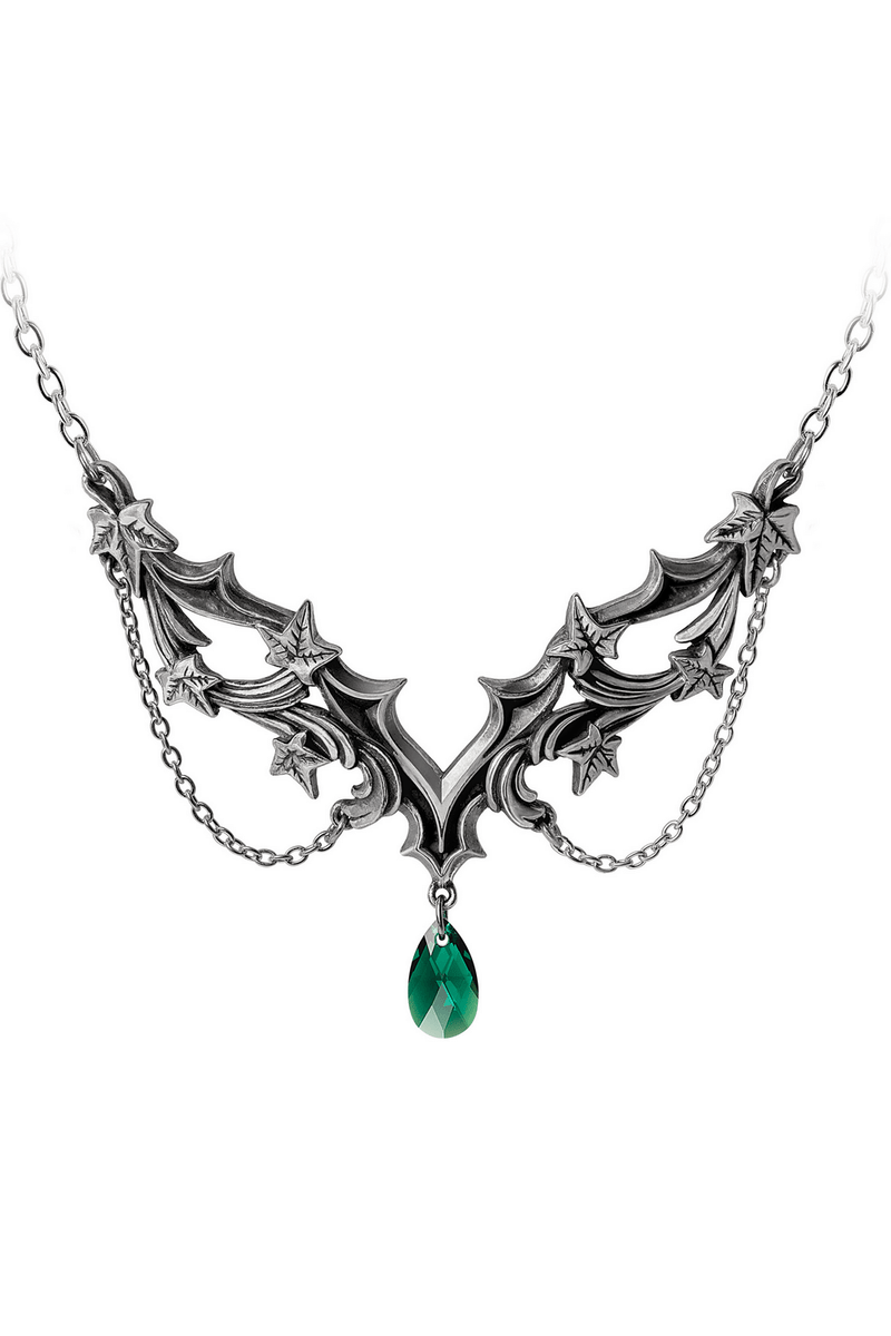 Churchyard Gothic Necklace Ivy Leaves With Green Crystal