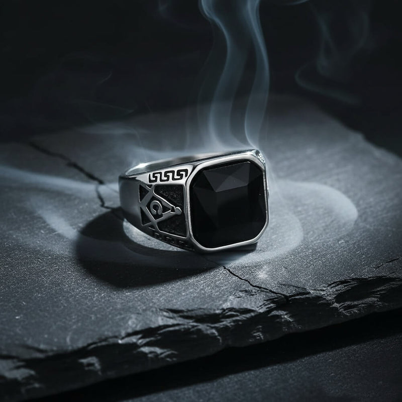 Classic Masonic Black Gem Stainless Steel Ring