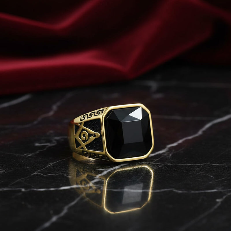 Classic Masonic Black Gem Stainless Steel Ring