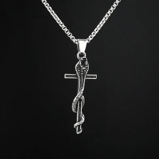Cobra Snake Entwined Cross Pendant