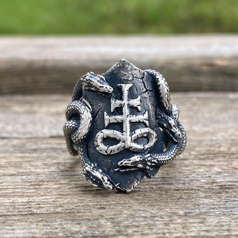 Coiled Snake Leviathan Cross Sterling Silver Ring