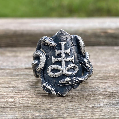 Coiled Snake Leviathan Cross Sterling Silver Ring