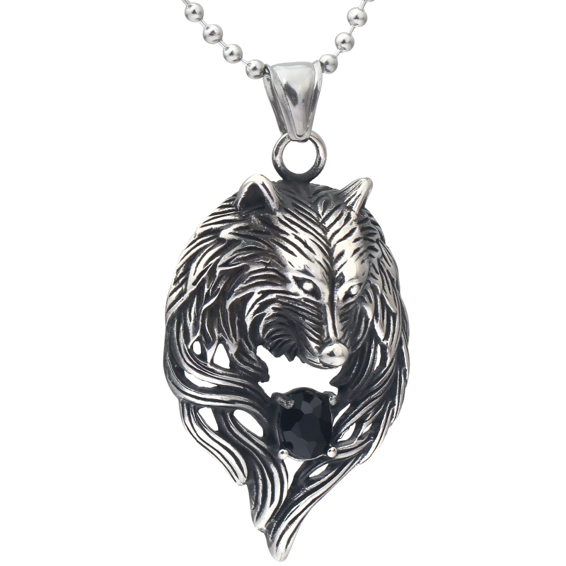Cool Stainless Steel Wolf's Head With Black Crystal Pendant Necklace / Punk Style Jewelry