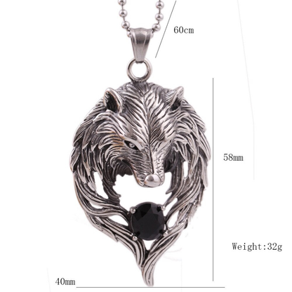 Cool Stainless Steel Wolf's Head With Black Crystal Pendant Necklace / Punk Style Jewelry