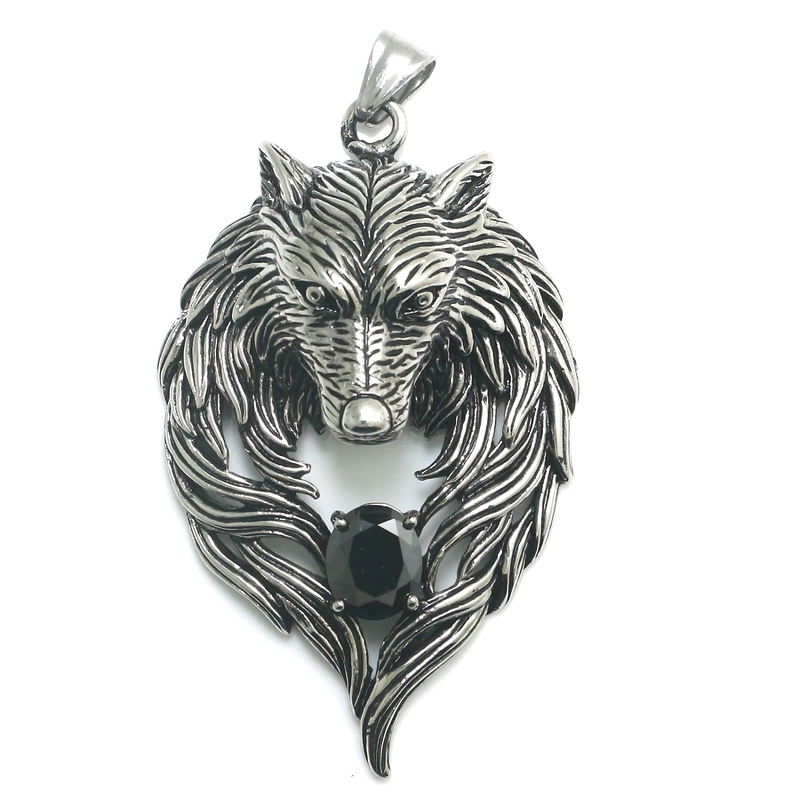 Cool Stainless Steel Wolf's Head With Black Crystal Pendant Necklace / Punk Style Jewelry