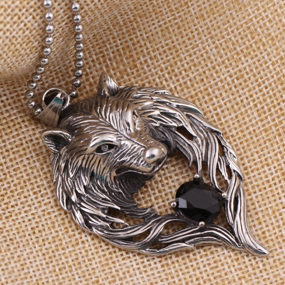 Cool Stainless Steel Wolf's Head With Black Crystal Pendant Necklace / Punk Style Jewelry