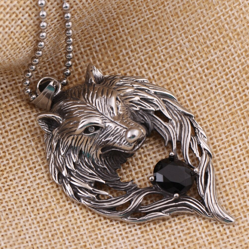 Cool Stainless Steel Wolf's Head With Black Crystal Pendant Necklace / Punk Style Jewelry