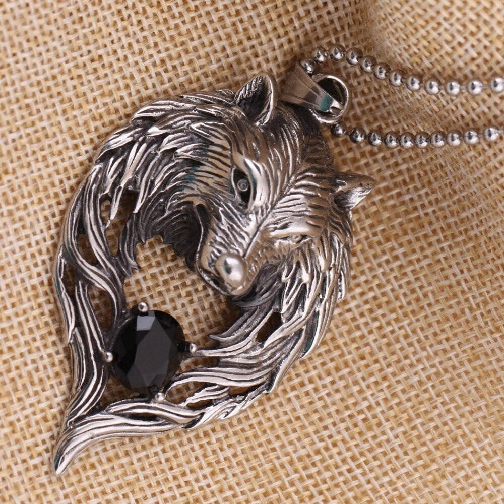 Cool Stainless Steel Wolf's Head With Black Crystal Pendant Necklace / Punk Style Jewelry