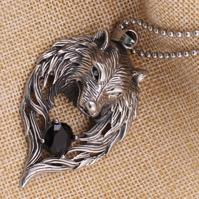 Cool Stainless Steel Wolf's Head With Black Crystal Pendant Necklace / Punk Style Jewelry