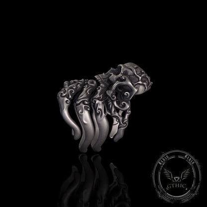 Cracked Skull Eight Tentacles Sterling Silver Gothic Ring