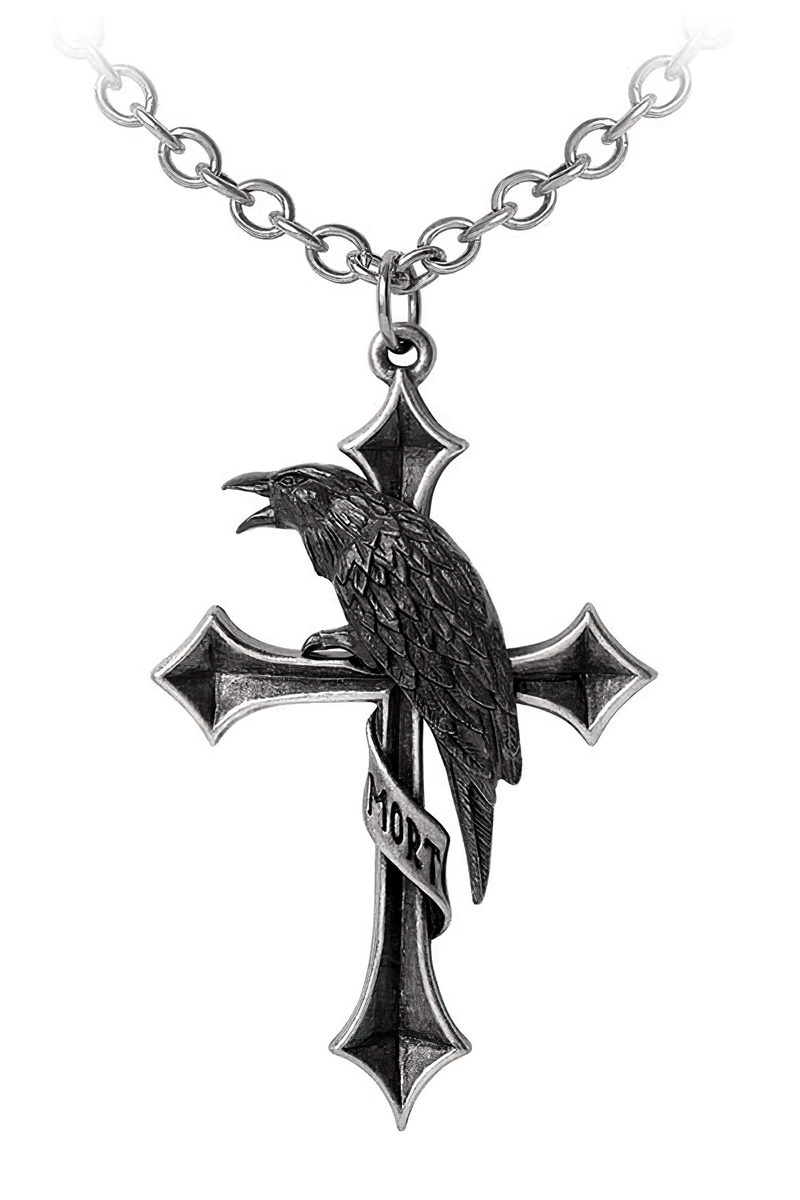 Cross of the Raven Pendant With Antique Silver Chain