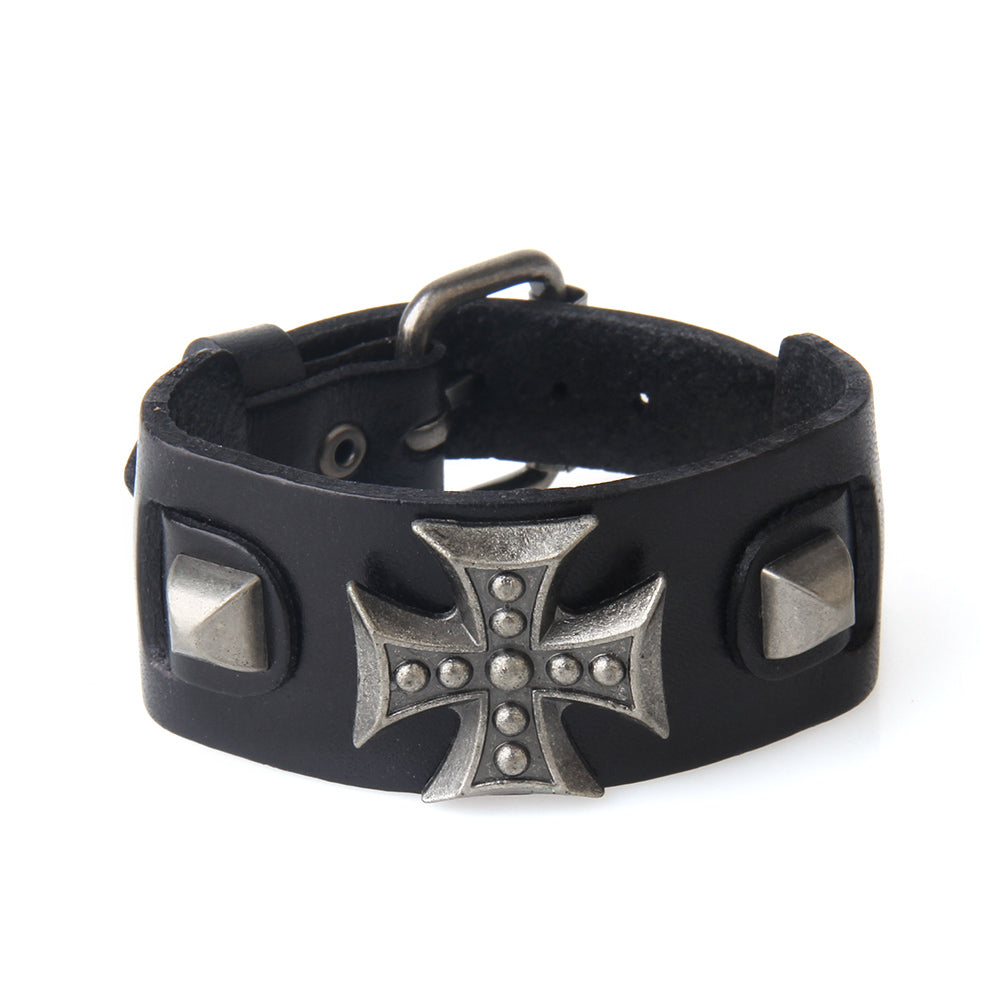 Cross Wide Genuine Leather Wrap Bracelet for and / Biker Jewelry