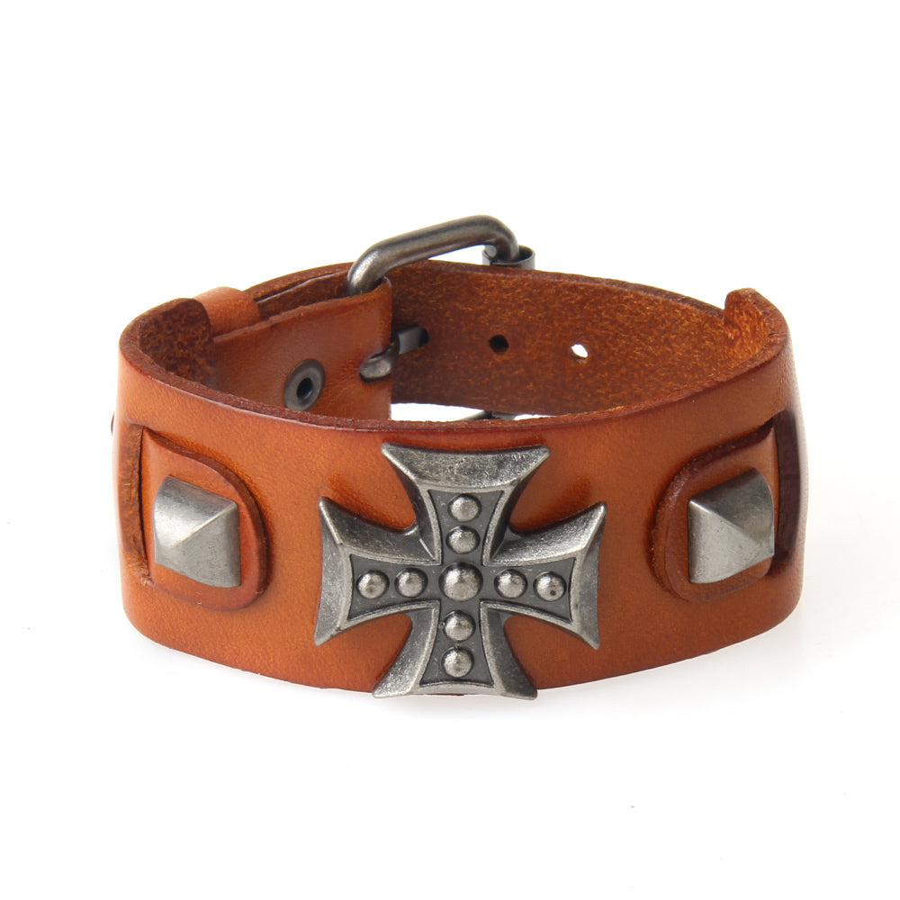 Cross Wide Genuine Leather Wrap Bracelet for and / Biker Jewelry