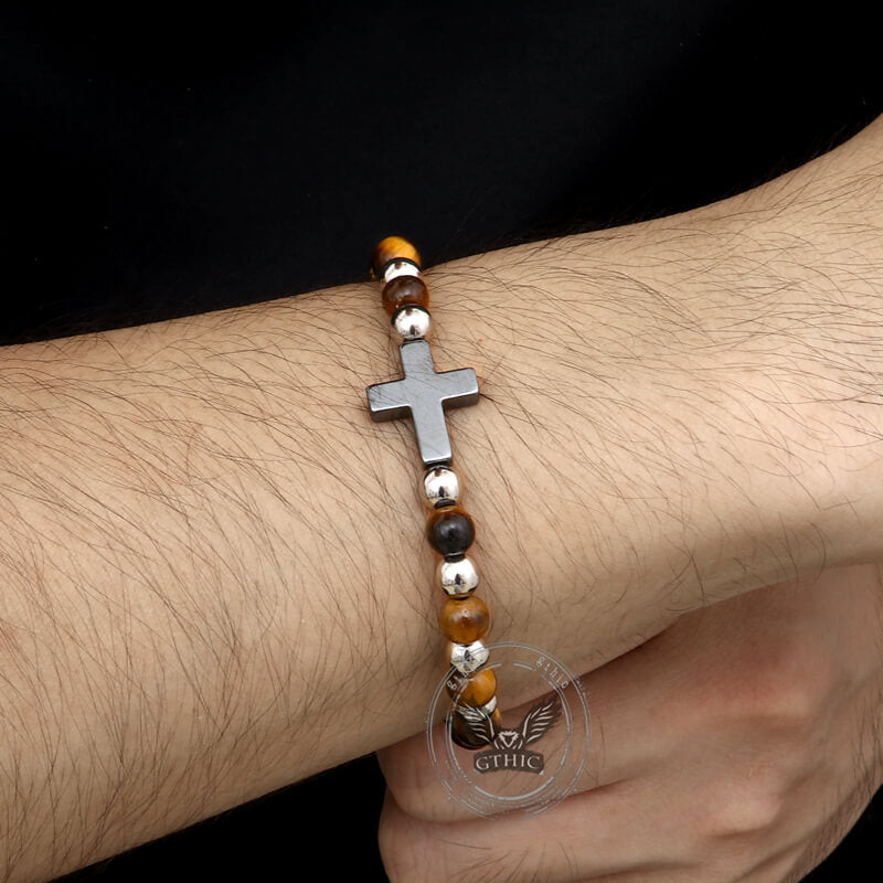 Cross Natural Tiger's-eye Beads Hematite Stainless Steel Bracelet