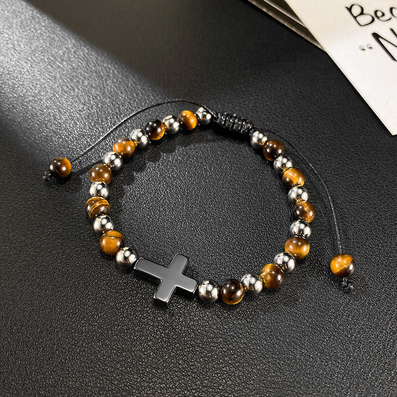 Cross Natural Tiger's-eye Beads Hematite Stainless Steel Bracelet