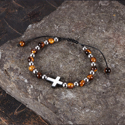 Cross Natural Tiger's-eye Beads Hematite Stainless Steel Bracelet