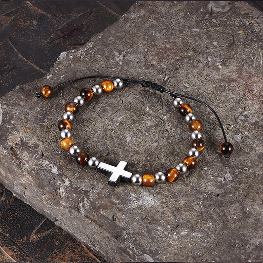 Cross Natural Tiger's-eye Beads Hematite Stainless Steel Bracelet