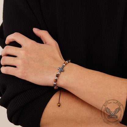 Cross Natural Tiger's-eye Beads Hematite Stainless Steel Bracelet