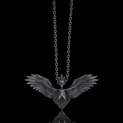 Crowned Skeleton Wings Sterling Silver Pendant